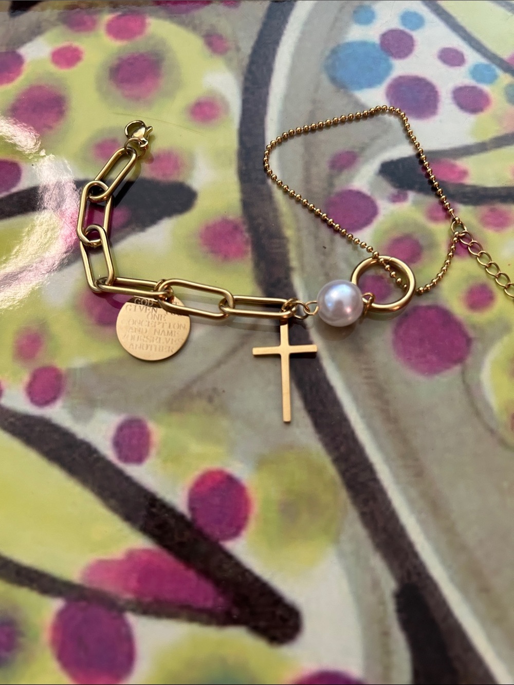 Gold Cross and Pearl Charm Bracelet - Women's Gold Tone Bracelet